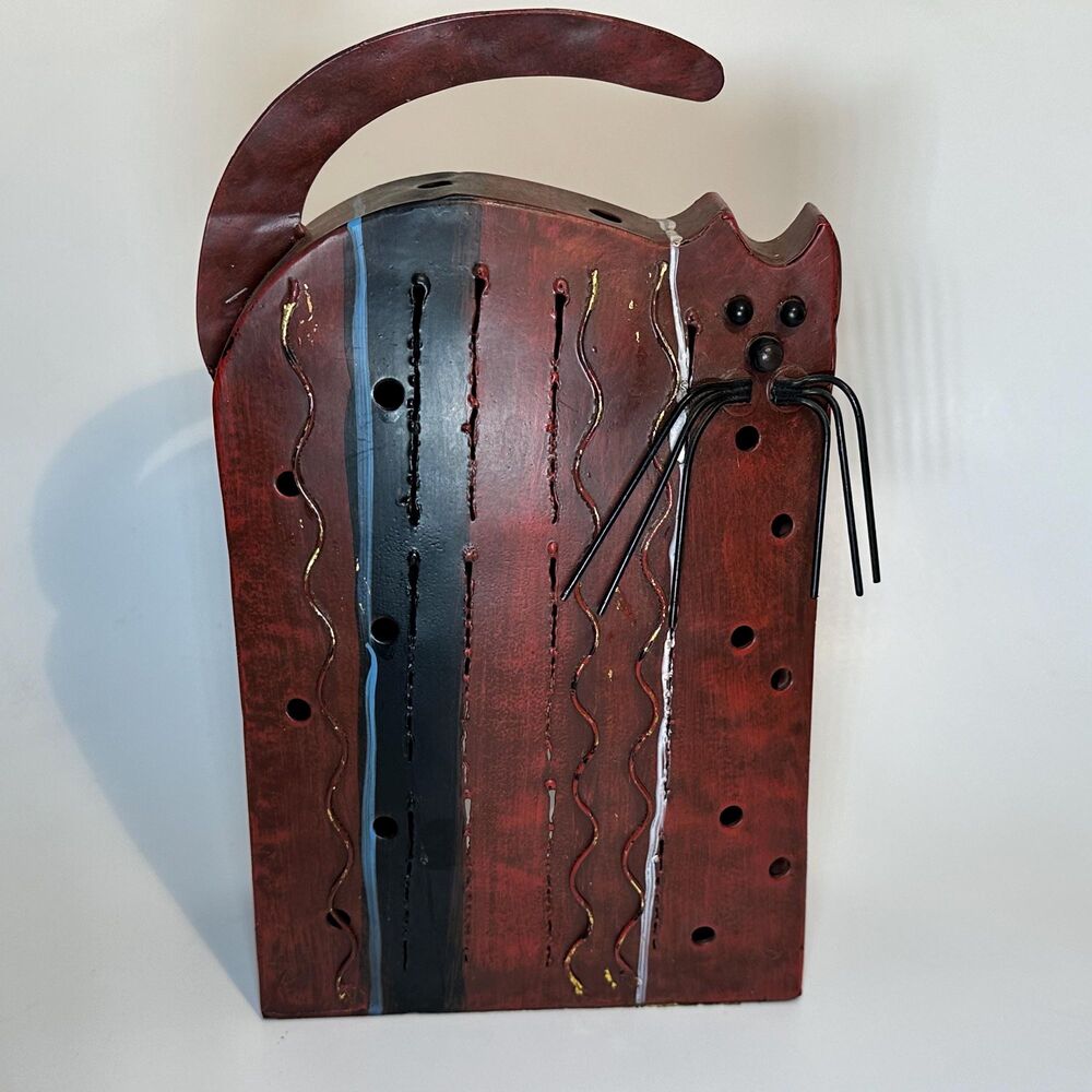Whimsical Metal Cat Luminary Sculpture Tealight Holder Folk Art Decor - 9.5"